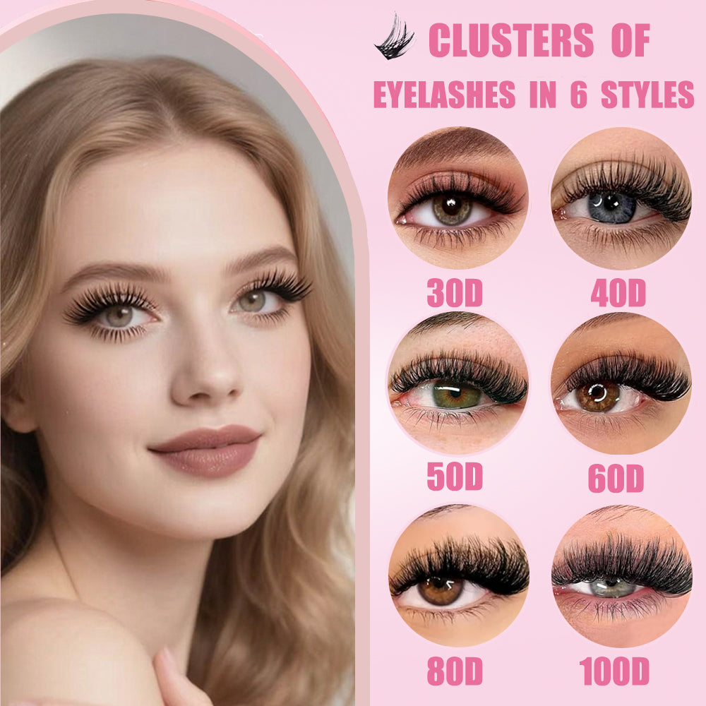 Individual Eyelashes Kit 640PCS, Wispy Lash Clusters with Bond, Seal and Remover, Natural Fluffy D Curl Eyelash Extensions for DIY at Home, Volume Lash Book Kit 9–16mm