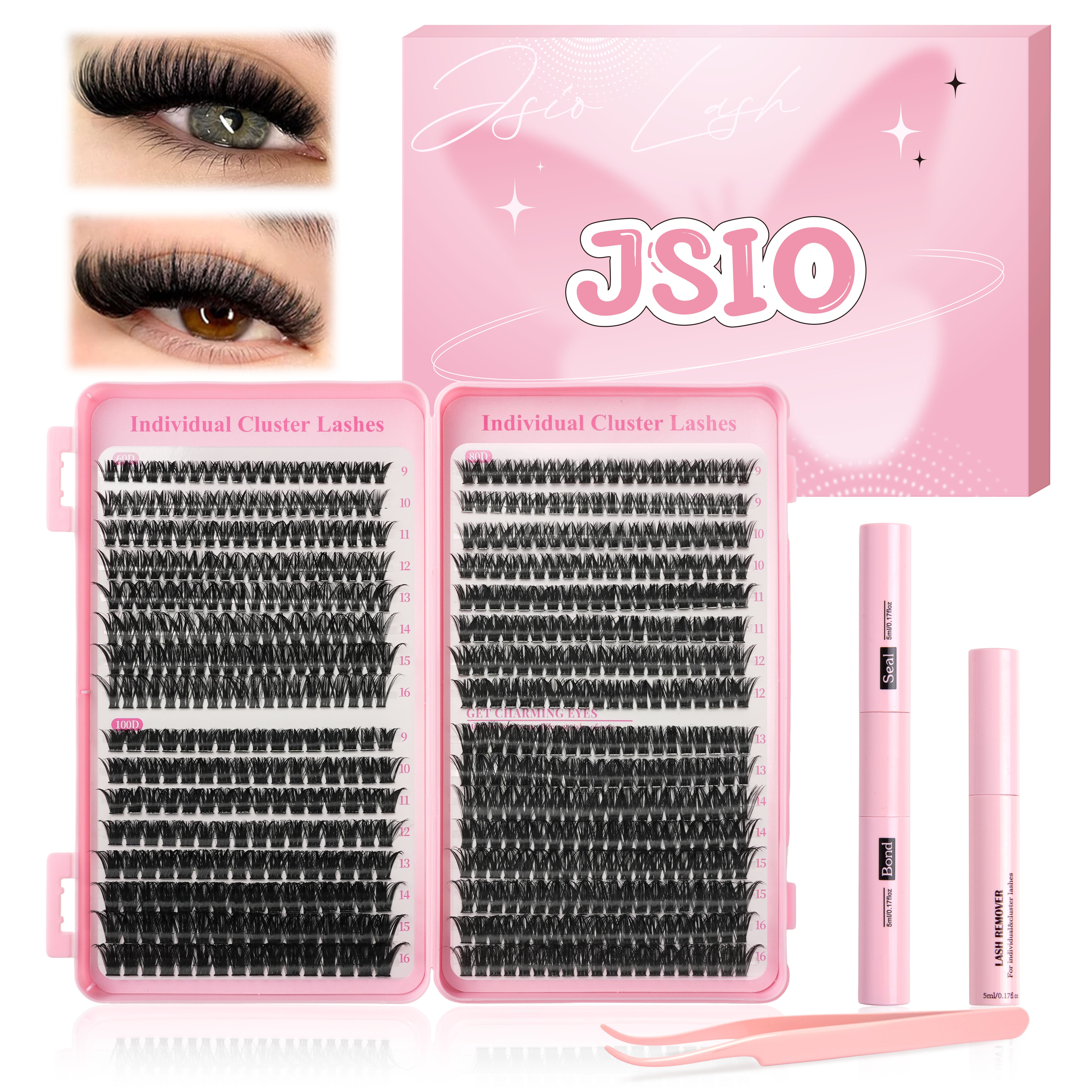 Individual Eyelashes Kit 640PCS, Wispy Lash Clusters with Bond, Seal and Remover, Natural Fluffy D Curl Eyelash Extensions for DIY at Home, Volume Lash Book Kit 9–16mm