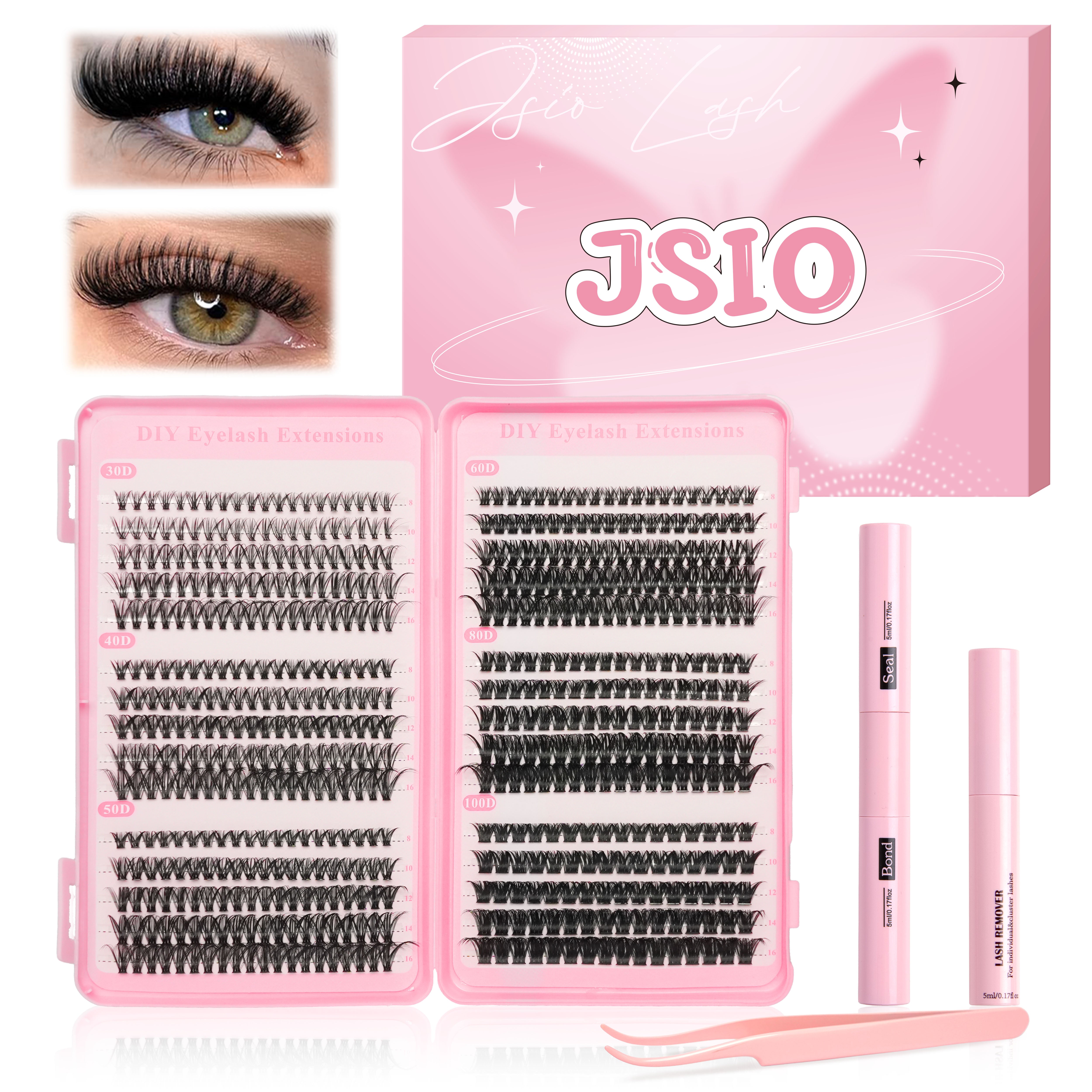 Individual Eyelashes Kit 640PCS, Wispy Lash Clusters with Bond, Seal and Remover, Natural Fluffy D Curl Eyelash Extensions for DIY at Home, Volume Lash Book Kit 9–16mm